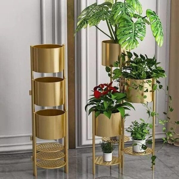 Modern Metal Floor Flower Stands for Living Room Bedroom Display Plant Stand Tall Indoor Plant Stand with Planter Pot (Set of 3) (Gold)