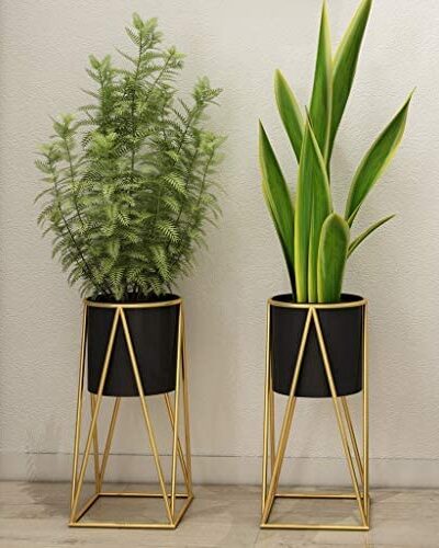 Planters for Indoor Plants Metal Planters with Stands & Indoor Plant Pots for Indoor Plants & Mid Century Plant Stands with Pots & Plant Pots Indoor Planter Small Set of 2 (Black)