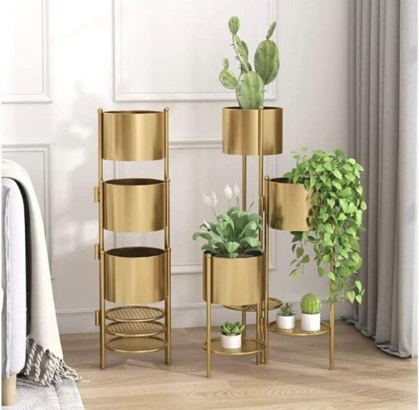 Modern Metal Floor Flower Stands for Living Room Bedroom Display Plant Stand Tall Indoor Plant Stand with Planter Pot (Set of 3) (Gold) - Image 2