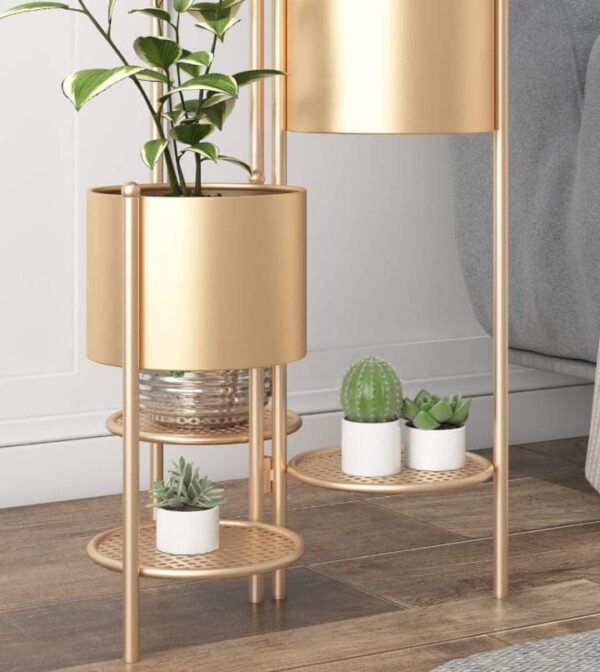 Modern Metal Floor Flower Stands for Living Room Bedroom Display Plant Stand Tall Indoor Plant Stand with Planter Pot (Set of 3) (Gold) - Image 3