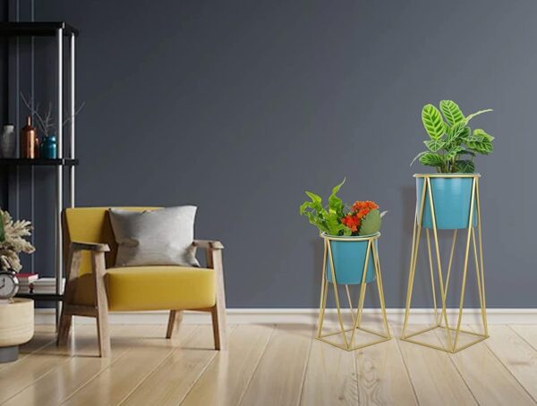 Planters For Indoor - Outdoor Plants & Modern Metal Floor Tall Plant Stand For Garden(Green) - Image 3