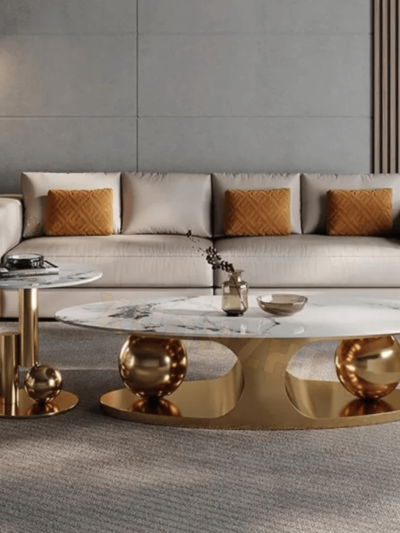 Celestial Double Ball Coffee Table with Gold Finish Marble Top Set Of (2) By Metal Makers