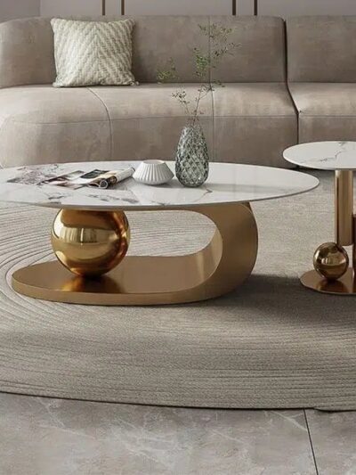 16.1" H Irregular Metal Ball Round Slate Coffee Table For Living Room