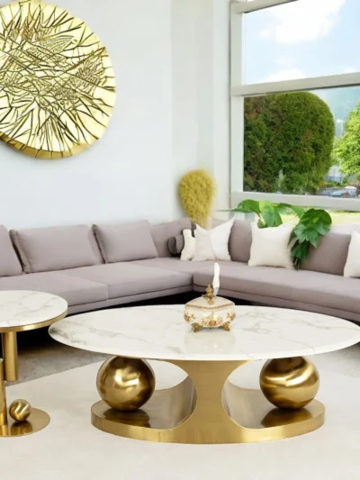 Gold Base Round Accent Table With Side Table - Set of 2 (BIG) (STAINLESS STEEL)