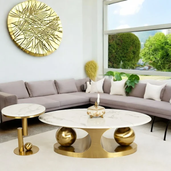 Gold Base Round Accent Table With Side Table - Set of 2 (BIG) (STAINLESS STEEL)