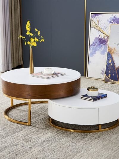 Modern Round Sintered stone nesting wood coffee table with drawers in white