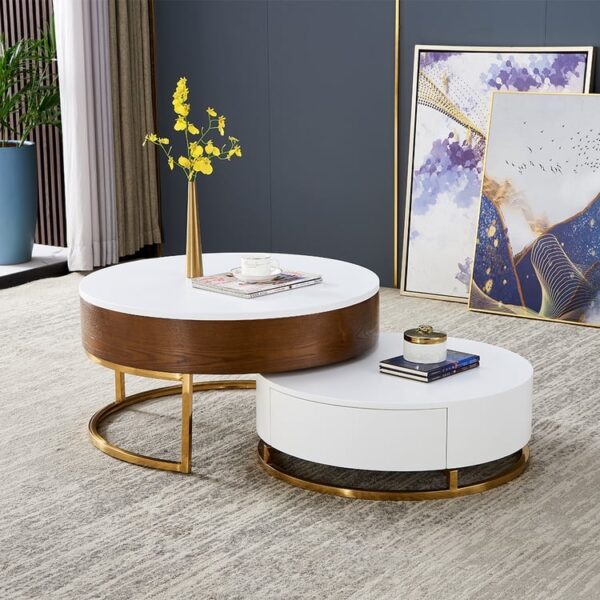 Modern Round Sintered stone nesting wood coffee table with drawers in white