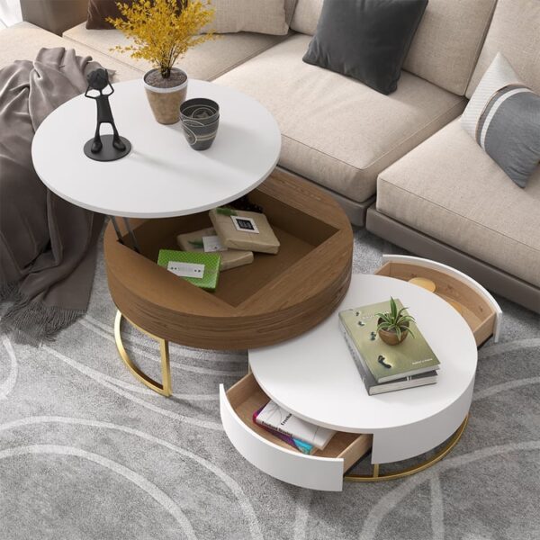 Modern Round Sintered stone nesting wood coffee table with drawers in white - Image 2