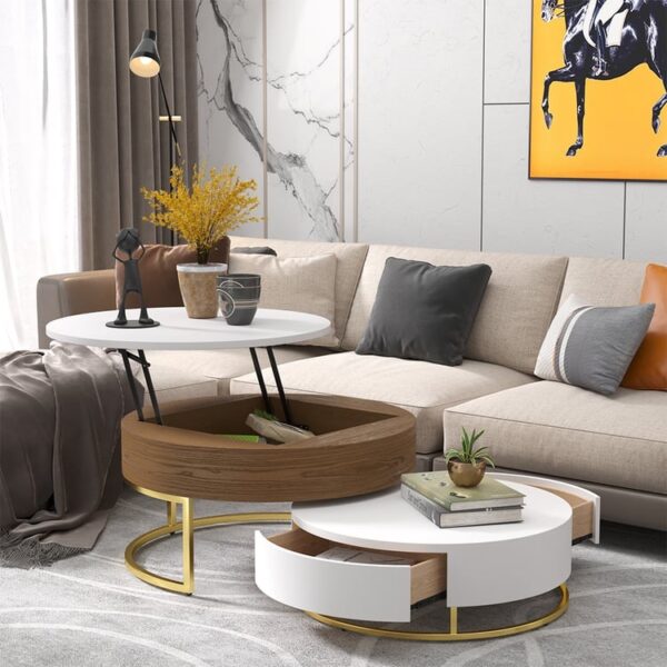 Modern Round Sintered stone nesting wood coffee table with drawers in white - Image 14