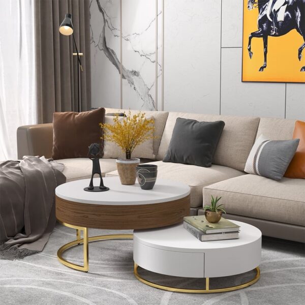 Modern Round Sintered stone nesting wood coffee table with drawers in white - Image 12
