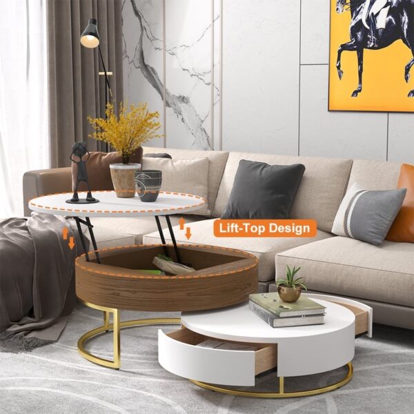 Modern Round Sintered stone nesting wood coffee table with drawers in white - Image 11