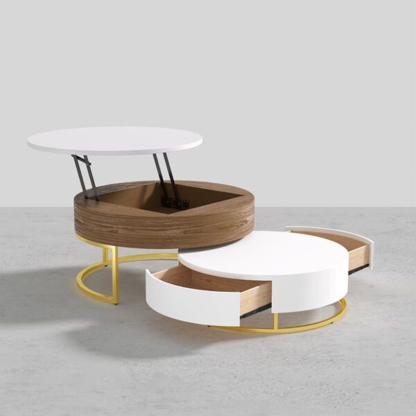 Modern Round Sintered stone nesting wood coffee table with drawers in white - Image 9