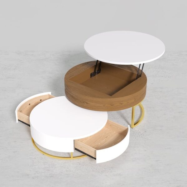 Modern Round Sintered stone nesting wood coffee table with drawers in white - Image 8