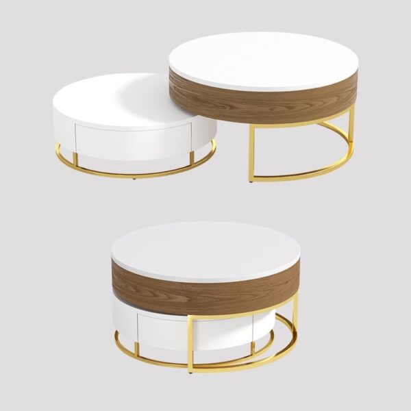 Modern Round Sintered stone nesting wood coffee table with drawers in white - Image 7
