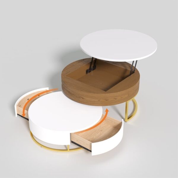Modern Round Sintered stone nesting wood coffee table with drawers in white - Image 3