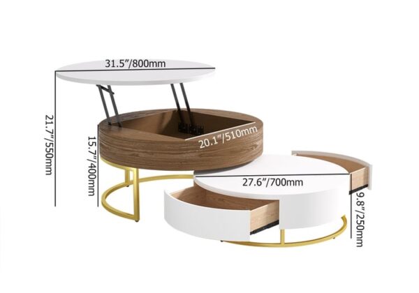 Modern Round Sintered stone nesting wood coffee table with drawers in white - Image 4