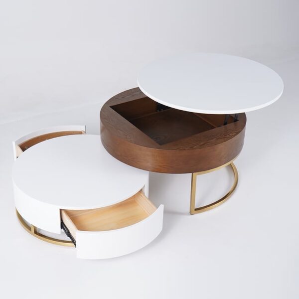 Modern Round Sintered stone nesting wood coffee table with drawers in white - Image 5