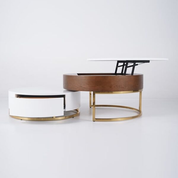 Modern Round Sintered stone nesting wood coffee table with drawers in white - Image 6